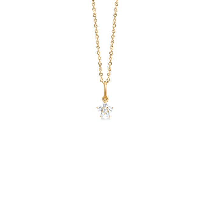 Gold necklace with flower pendant and small clear stones, front view