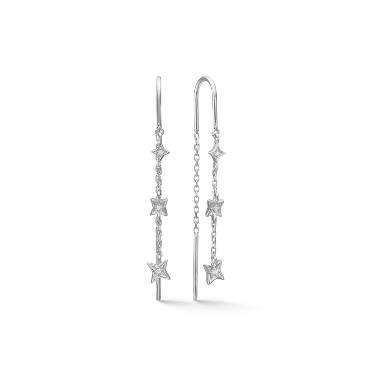Silver earrings with stars and chain in front view, feminine jewelry for women
