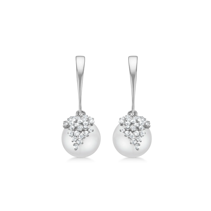 Earrings with white pearls and sparkling zircons, front view in silver