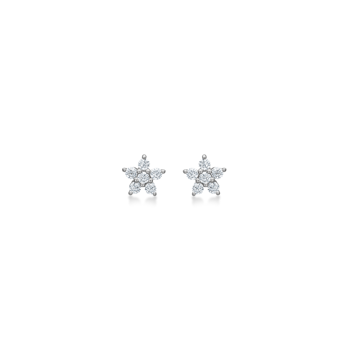 Stud earrings in silver with star shape and clear stones, front view against white background