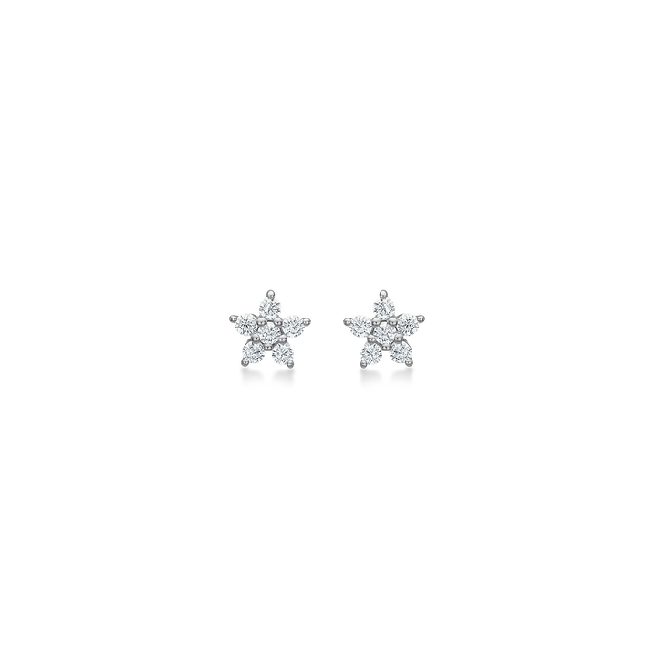 Stud earrings in silver with star shape and clear stones, front view against white background