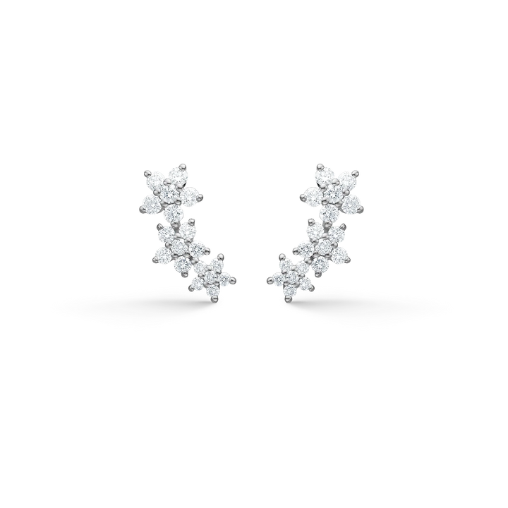 Silver stud earrings with floral design and sparkling white stones, front view