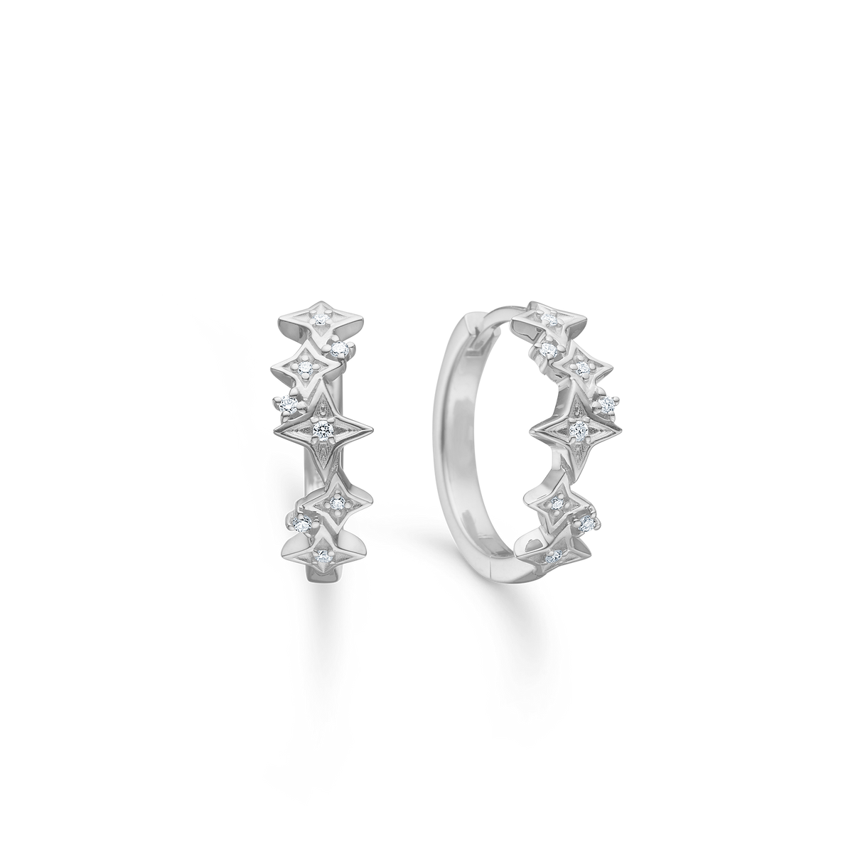 Silver earrings with star shape and small clear stones, front and side view