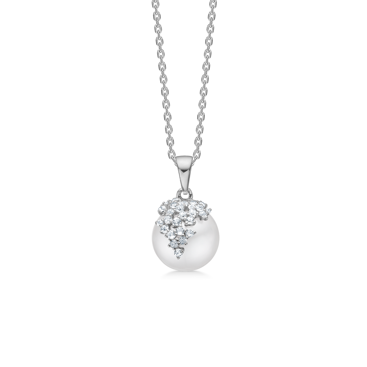 Necklace with white pearl and silver pendant decorated with small clear stones, front
