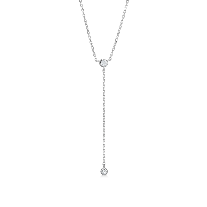 Silver necklace with two round diamonds, y-shaped design, face, elegant jewelry for women