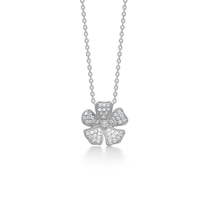 Necklace with flower pendant in silver color and white stones, front product photo