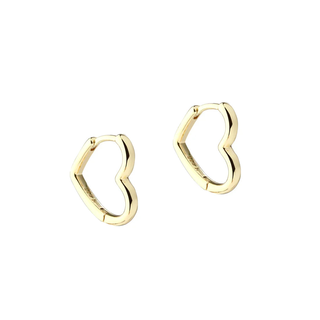 Earrings in gold, heart-shaped, front view on white background