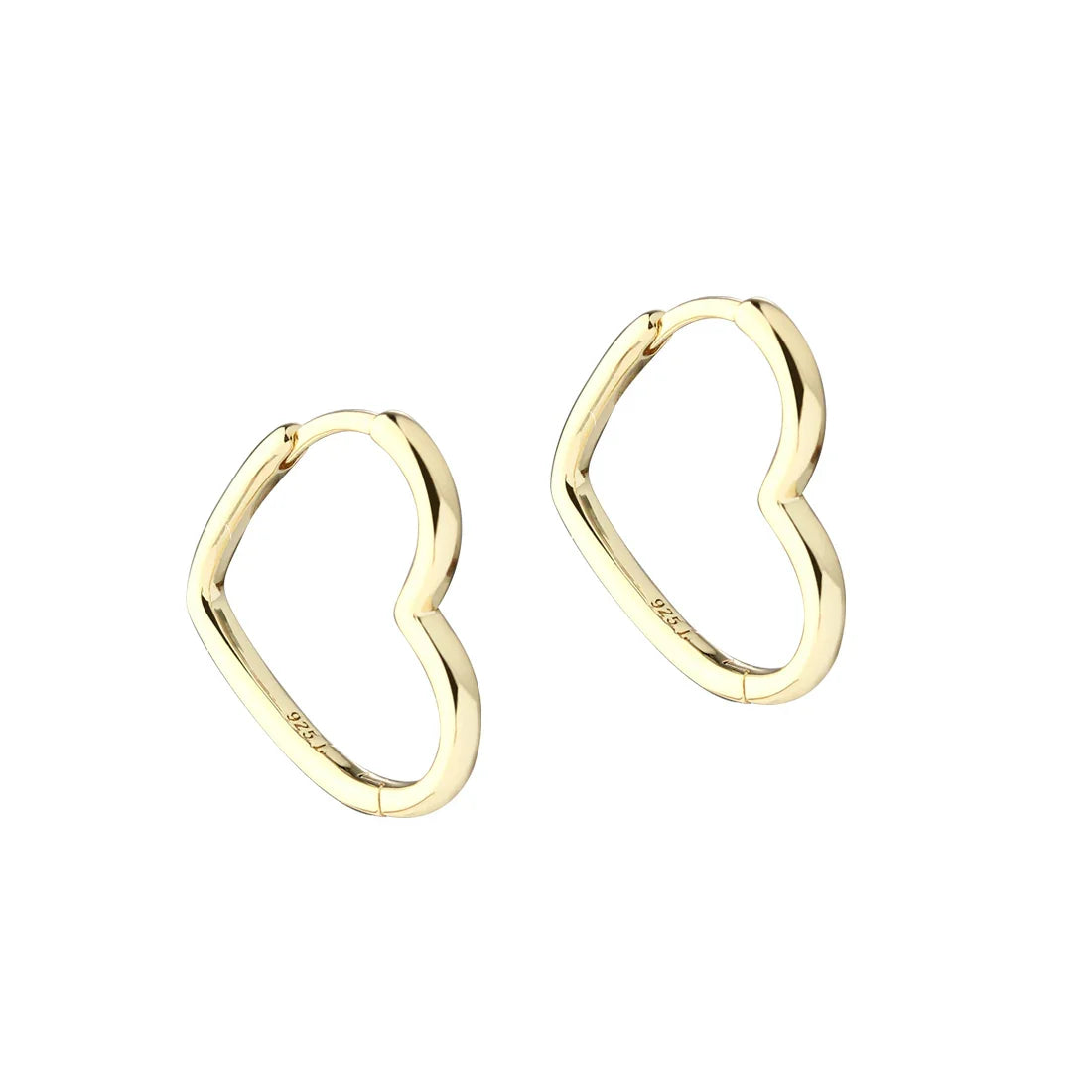 Heart-shaped earrings in gold-colored metal, front view, simple and elegant design