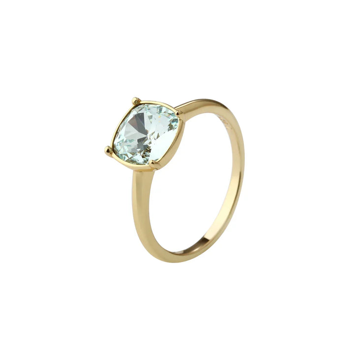 Gold ring with large, light faceted stone, front view against white background