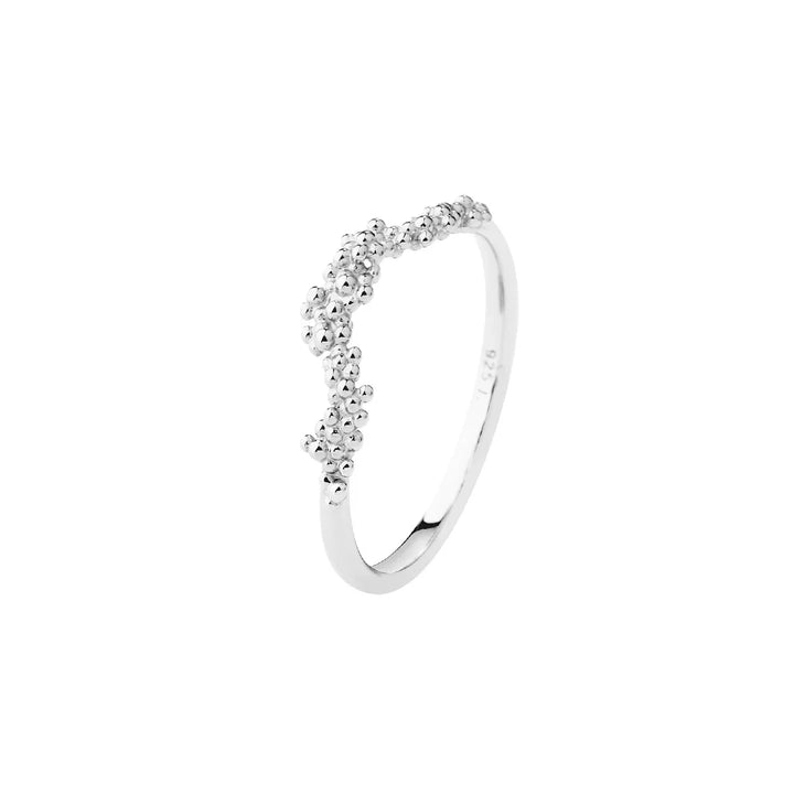 Silver ring with small balls, front view, elegant and simple jewelry design for women