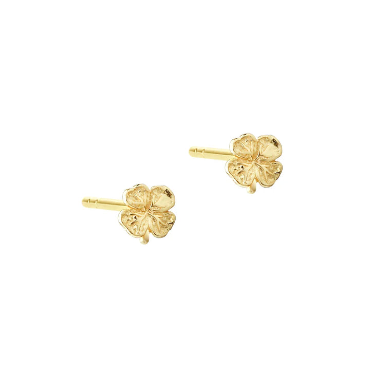 Gold ear studs shaped like four-leaf clovers, front view on white background