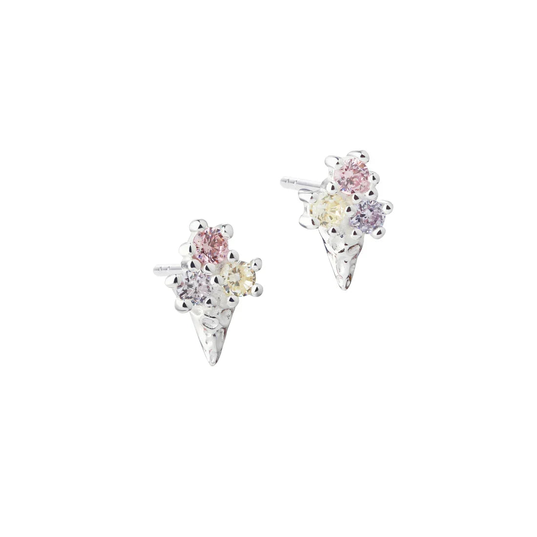 Silver ear studs with ice cream waffle design and colored stones, front view against white background