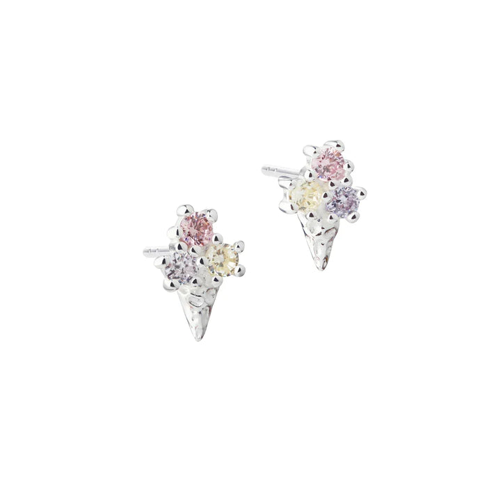 Silver ear studs with ice cream waffle design and colored stones, front view against white background