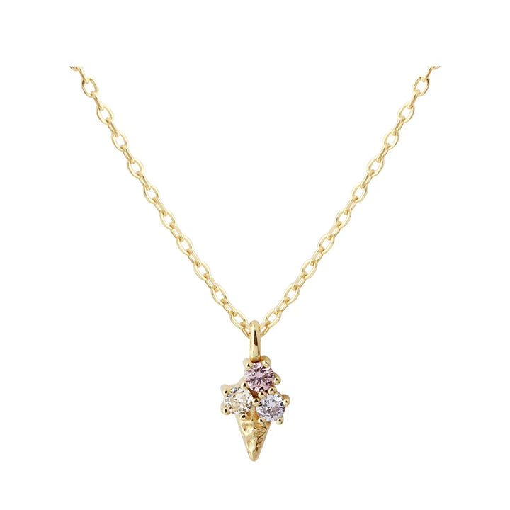 Gold Necklace with pendant shaped like an ice cream cone, decorated with colored stones, front view