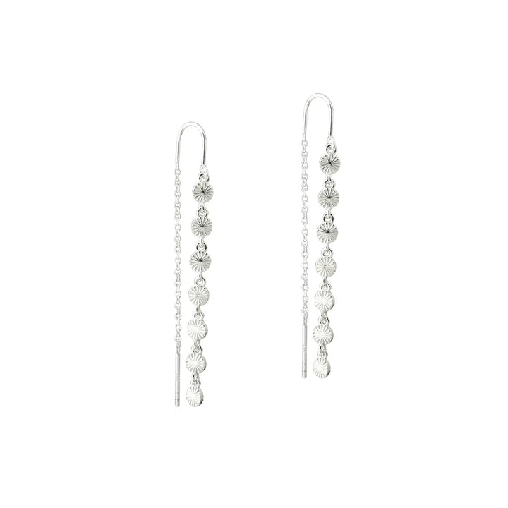 Silver earrings with chain and disc pendant, front, elegant and stylish design