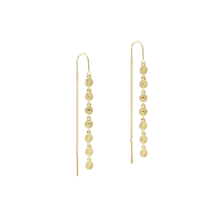 Gold colored ear chains with small round pendants, front view against white background