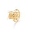 Moonlight Blossom Ring viser en rektangulær guldring med perledekoreret kant og indgraveret blomst, pyntet med små klare sten. Model7247950