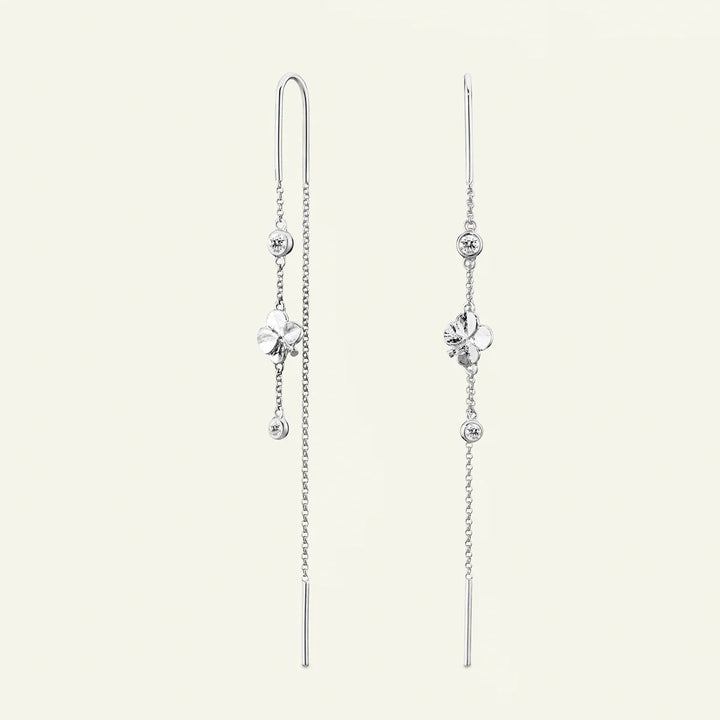 Flora Danica Four-Leaf Clover Chain Earrings in Silver 