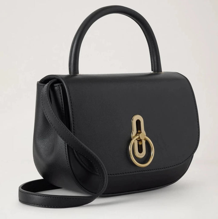 Mulberry Amberley Satchel Small Black Gold hardware, elegant sort lædertaske med hank og skulderrem. Model 771A100.