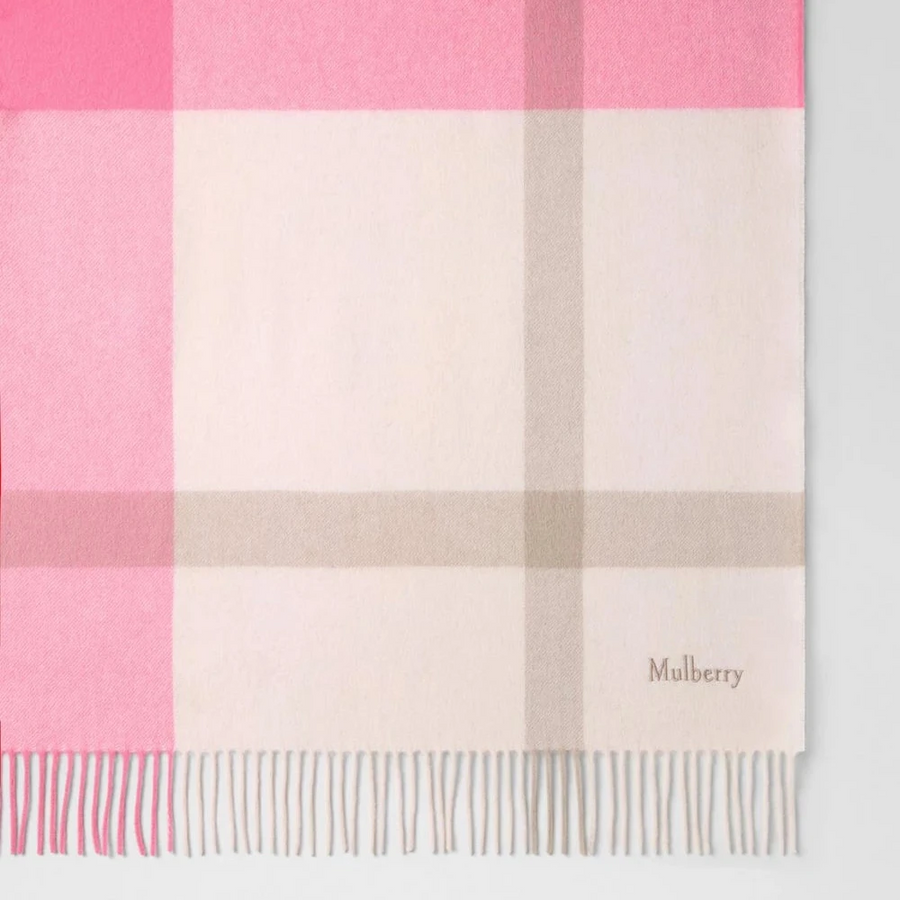 Mulberry Large Check Merino Wool Scarf Blossom Pink & Geranium Pink