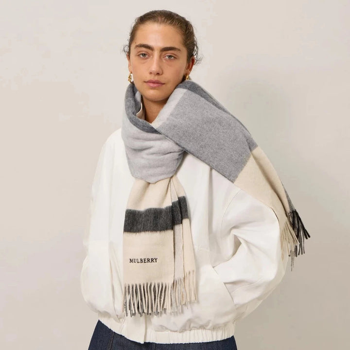 Mulberry Large Check Merino Wool Scarf Eggshell & Foggy Grey – product image 2