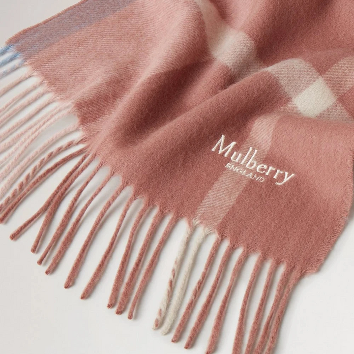 Mulberry Small Check Merino Wool Scarf Autumn Rose-Poplin Blue