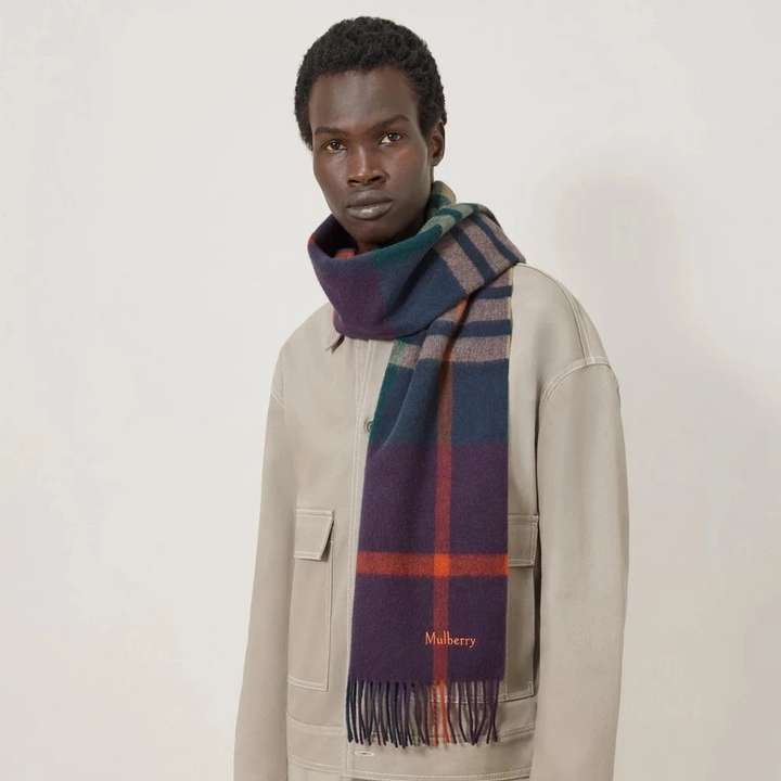Mulberry Small Check Merino Wool Scarf Juniper Green & Deep Aubergine