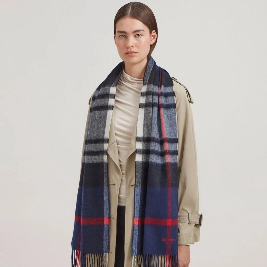 Mulberry Small Check Merino Wool Scarf Night Sky-Lancaster Red