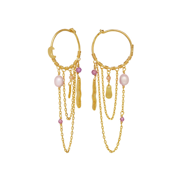 Moonstone Indie Hoops Gold Plated w. Chains
