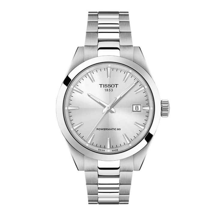 Tissot Powermatic 80 herreur med sølvfarvet urskive, stålrem og datovisning. ModelT1658071103100