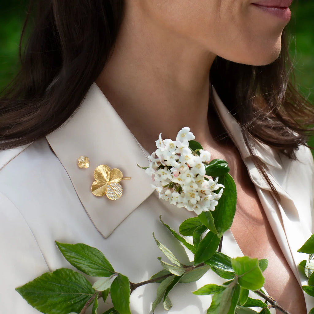 Flora Danica Four Leaf Clover Brooch With Pavé Gold Plated