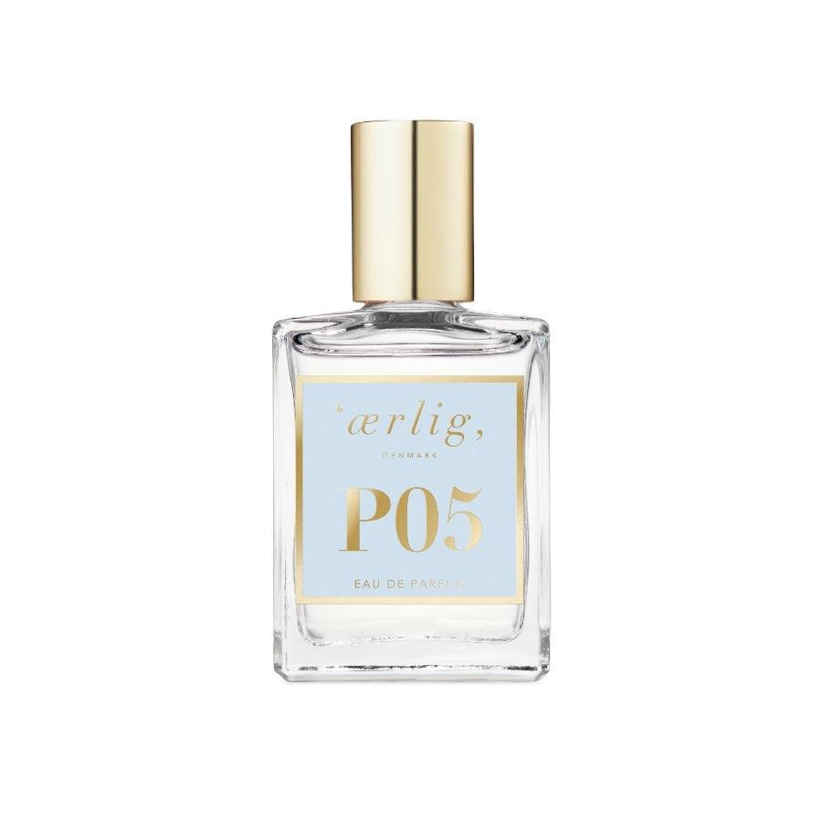 ærlig eau de parfum p05 15ml shows an elegant, square perfume with golden cap and light blue label. Model P05-T-1