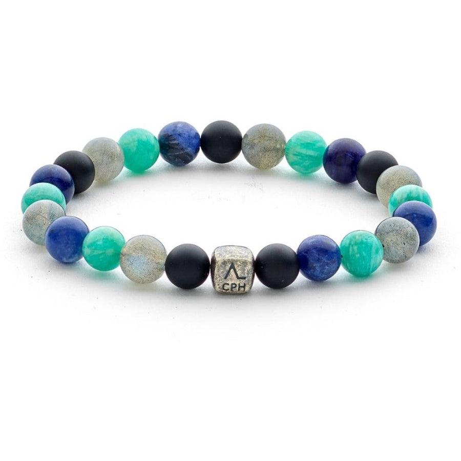 Alexander Lynggaard Bracelet Amsterdam 8mm shown with blue, green and gray beads and silver detail. Model c10373-001-1.