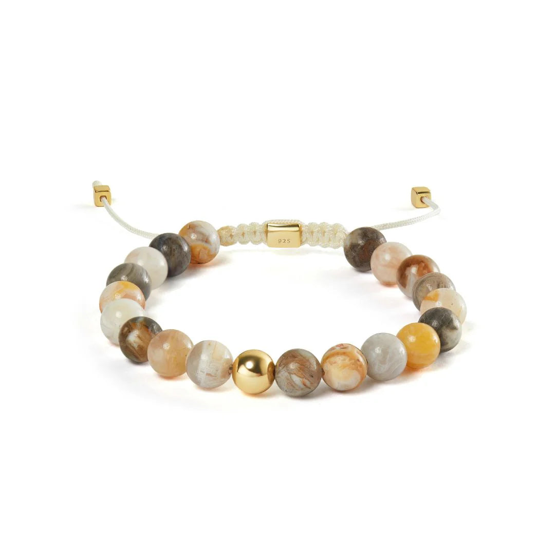 Alexander Lynggaard Bracelet Bamboo Leaf Agate Braided 8mm with natural colored stones and gold details, Model B00183-1.