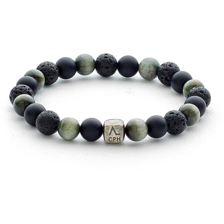 Alexander Lynggaard Bracelet Stockholm 8mm with black lava beads and green stones, model c10363-001-1