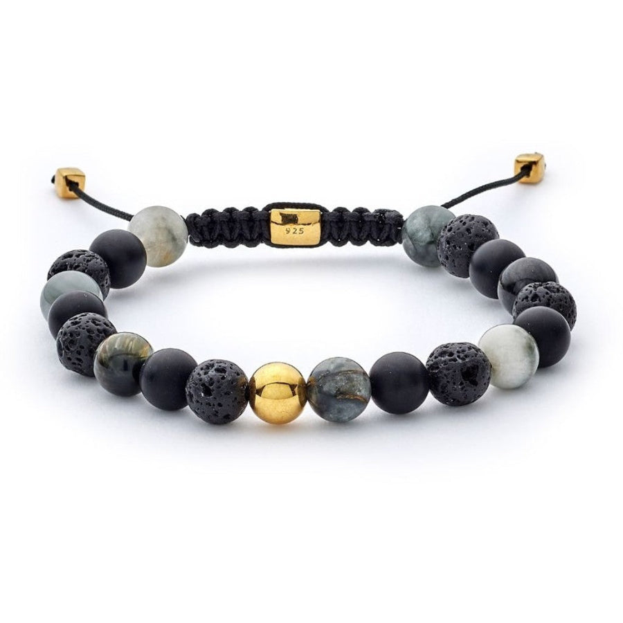 alexander-lynggaard-armband-stockholm-braided-8mm-b00143-1 shows braided bracelet with black, gray and gold colored beads. Model B00143-1.