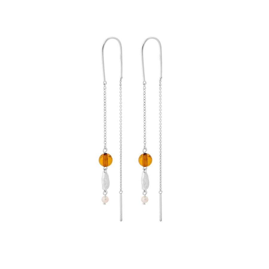 Amber Glow Earrings shown as a pair of long silver chain earrings with amber, pearl and glossy detail, Model e-359-s-1