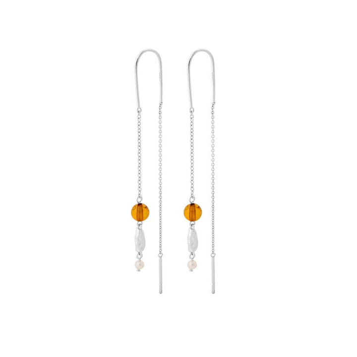 Amber Glow Earrings shown as a pair of long silver chain earrings with amber, pearl and glossy detail, Model e-359-s-1