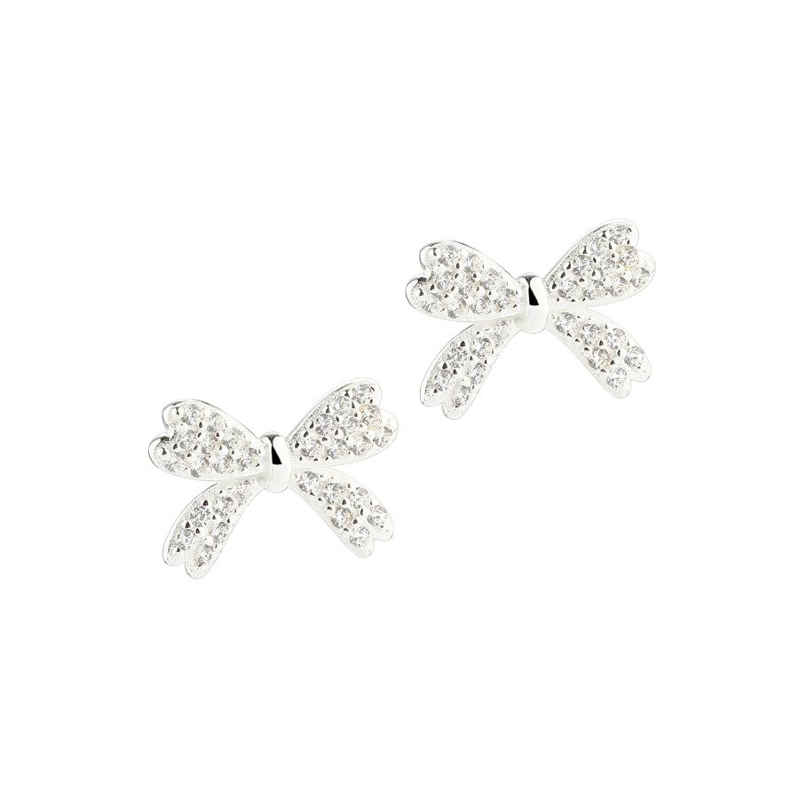 Aqua Dulce Big Darling Bow earrings silver with sparkling stones, bow design on white background. Model 5804-1