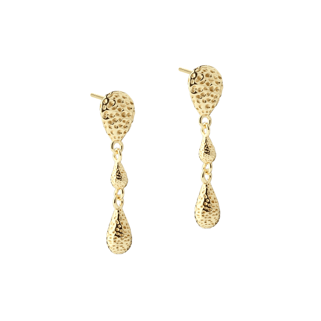 Aqua Dulce Cappa stud earrings in gold-plated silver show two drop-shaped earrings with a hammered surface. Model 6224-1