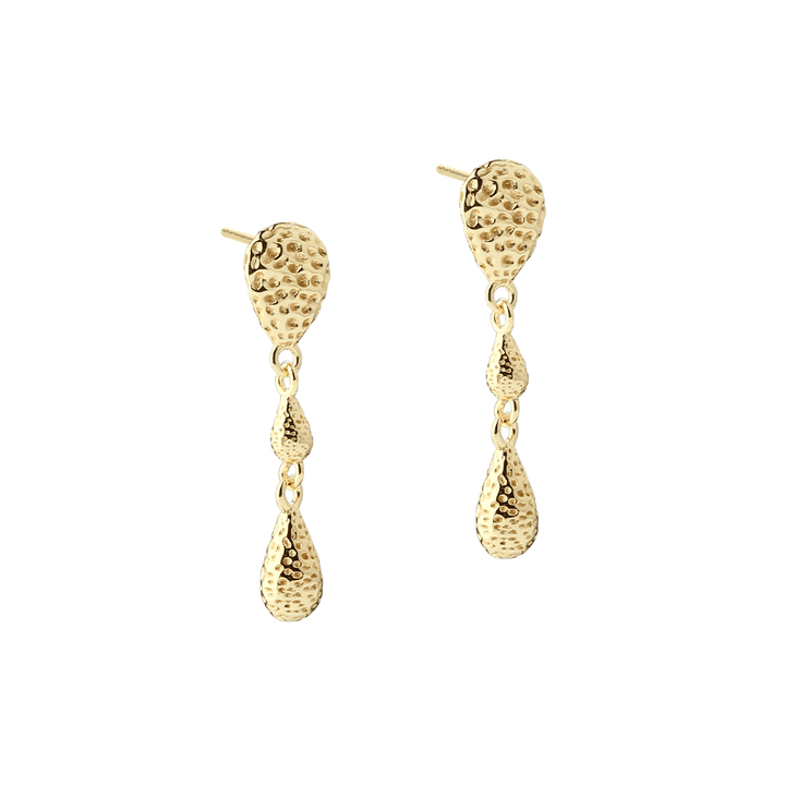 Aqua Dulce Cappa stud earrings in gold-plated silver show two drop-shaped earrings with a hammered surface. Model 6224-1