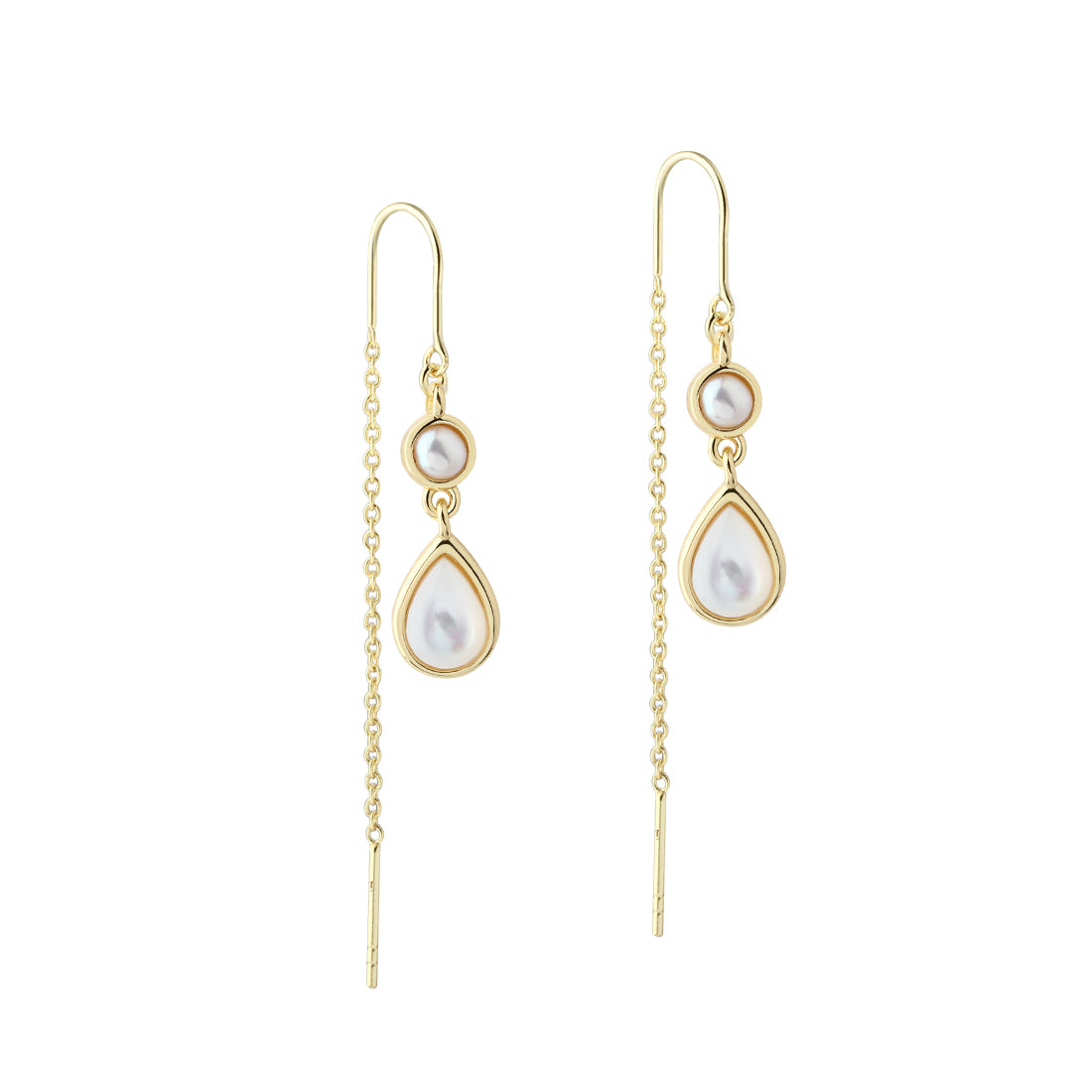 Aqua Dulce Celestia Pearl Drop Earrings in gold-plated silver with white pearls and chain, Model 6321-1.