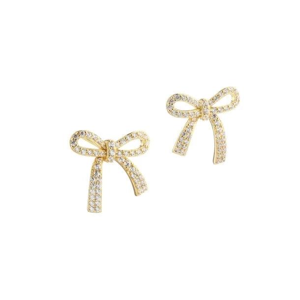 Aqua Dulce Elegant Bow Earrings gold plated shows a pair of fine bow shaped earrings with clear stones on a white background. Model 5815-1.