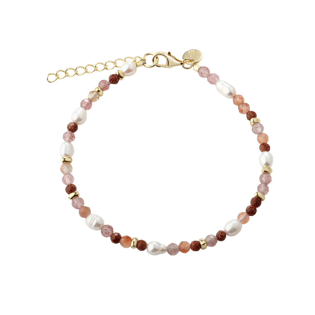Aqua Dulce Peachy bracelet in gold-plated silver with freshwater pearls and pink stones, Model 6250-1.