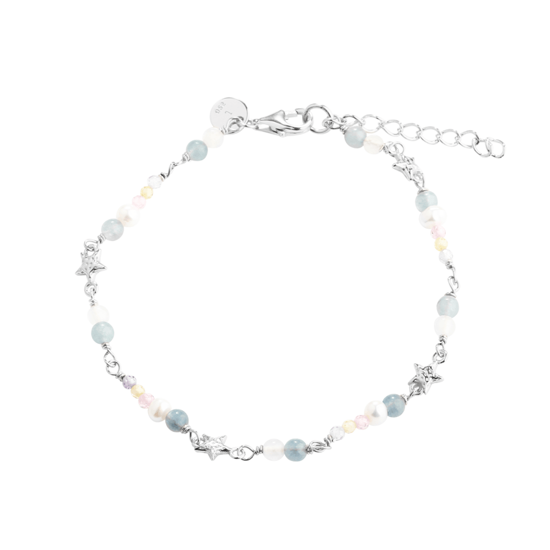 Aqua Dulce Stella Bracelet in silver shows a beautiful bracelet with bright pearls and small stars, Model 6169-1.