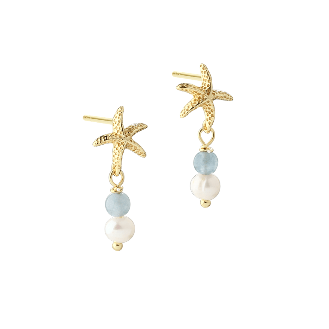 Aqua Dulce Stella blue earrings in gold-plated silver with star shape, blue and white pearls. Model 6162-1