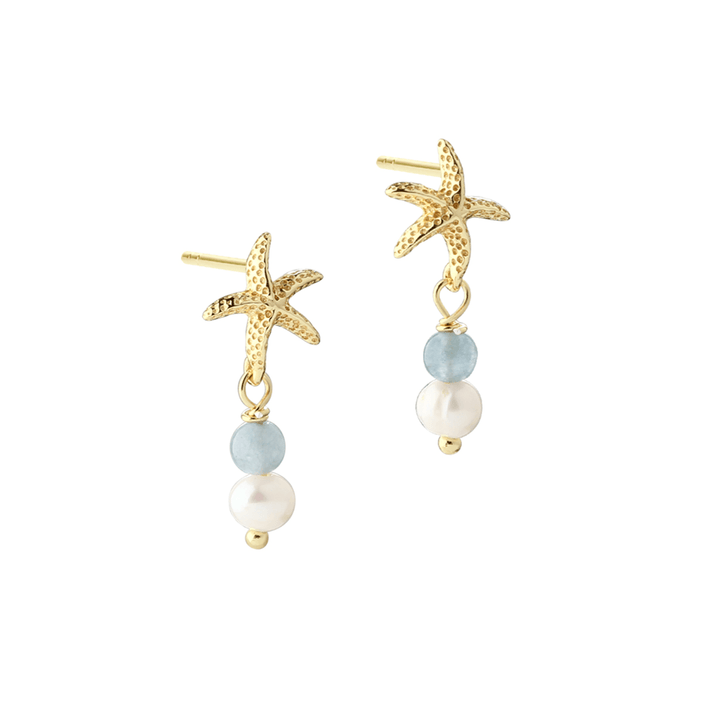 Aqua Dulce Stella blue earrings in gold-plated silver with star shape, blue and white pearls. Model 6162-1