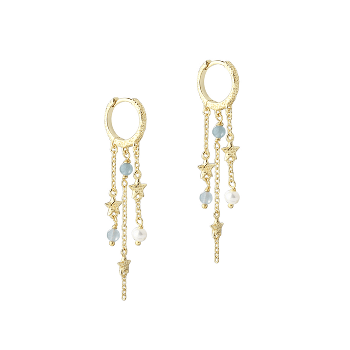 Aqua Dulce Stella Hoop Earrings with gold-plated silver, blue pearls and stars. Model 6168-1