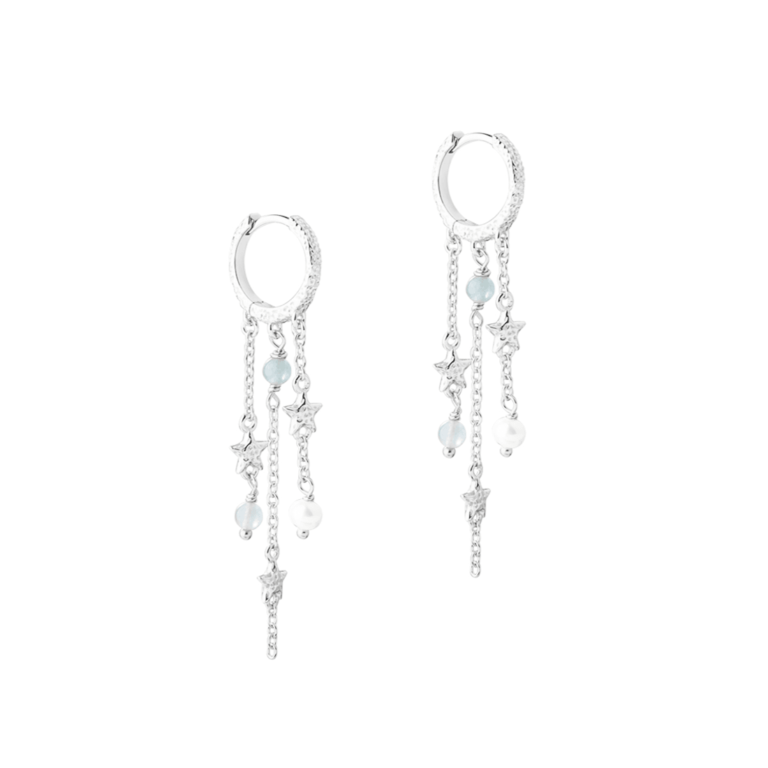 Aqua Dulce Stella Hoop Earrings in silver with stars, blue and white pearls. Model 6167-1.