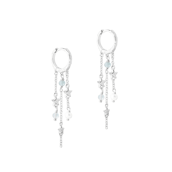 Aqua Dulce Stella Hoop Earrings in silver with stars, blue and white pearls. Model 6167-1.